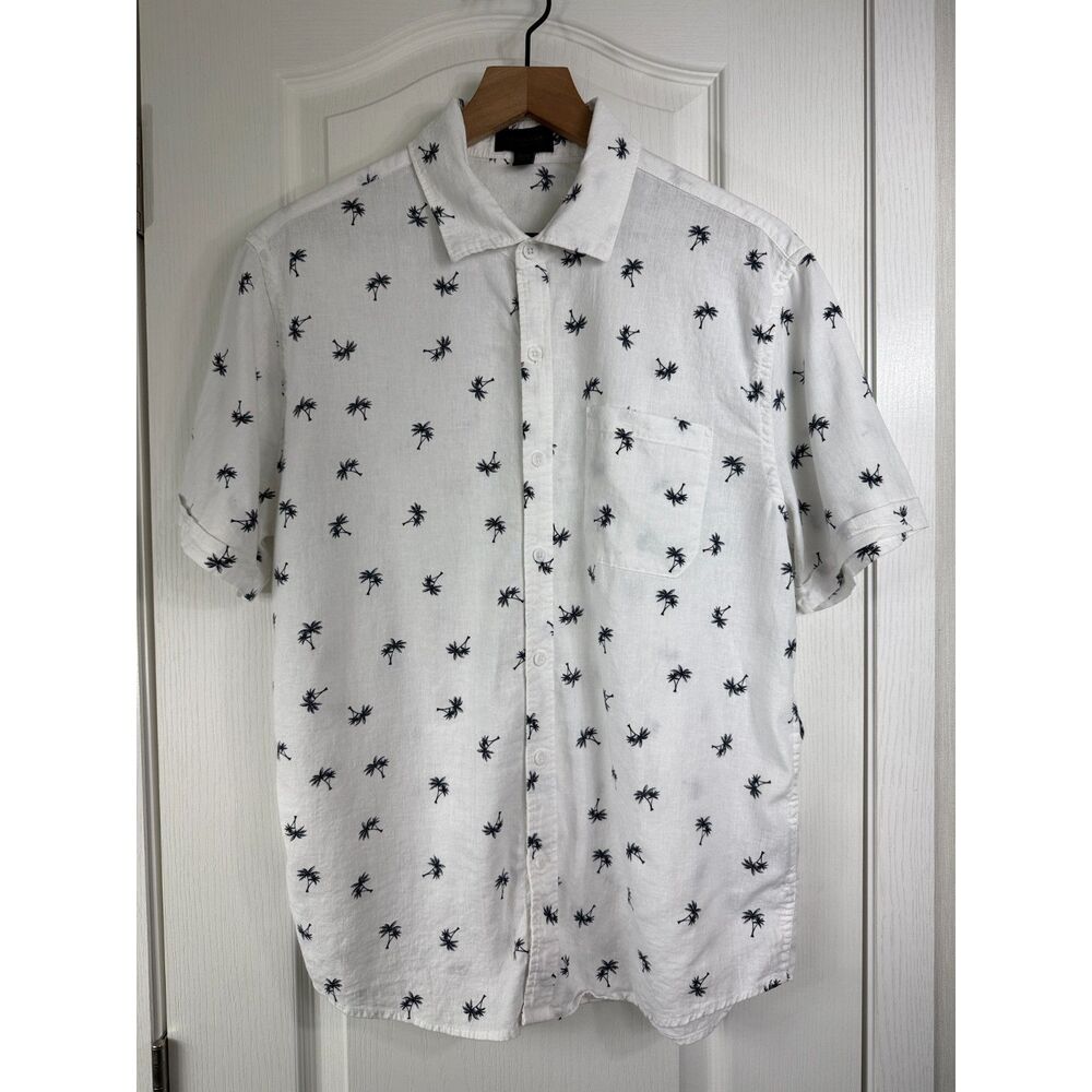 Magaschoni Man Mens M White Palm Tree Linen Blend Hawaiian Button Shirt